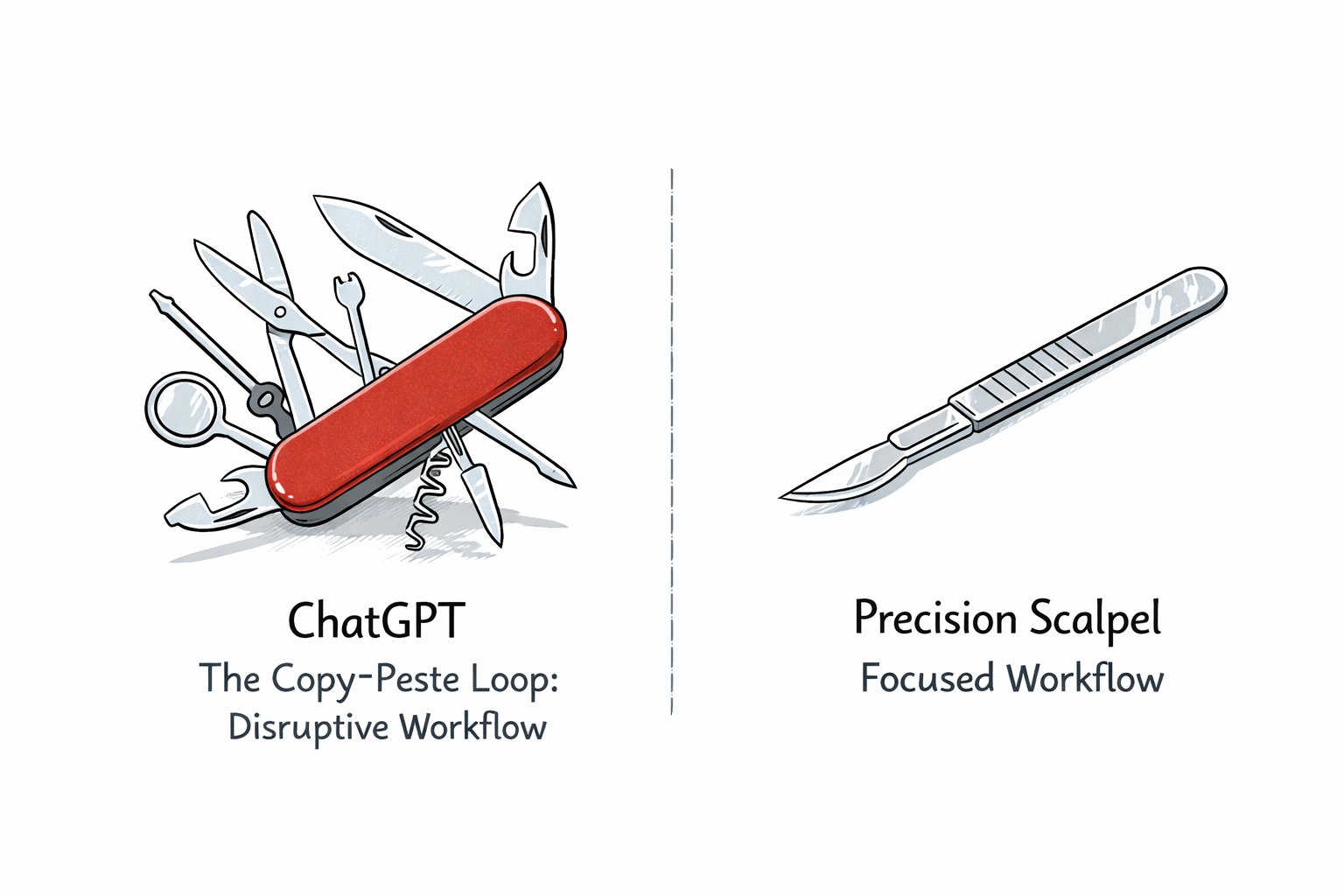 A conceptual illustration comparing a Swiss Army knife (representing ChatGPT) with many tools to a sleek, modern precision scalpel (representing Rephrazo-ai).
